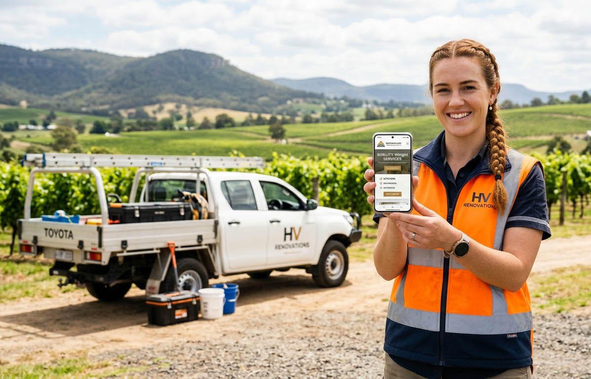 Hunter Valley tradie holding up a phone with her micro website on it.